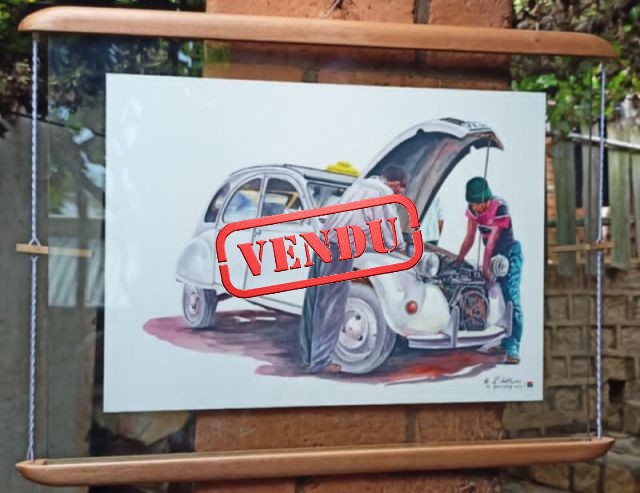 Réparation 2cv BLANC Aquarelle sur papier avec CADRE